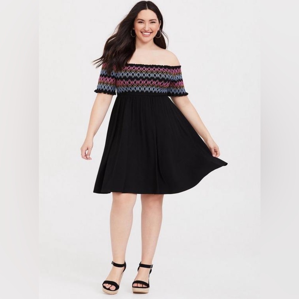 Torrid Black Embroidered Jersey Off Shoulder Skater Smocked Dress Sz 1 Or 1X